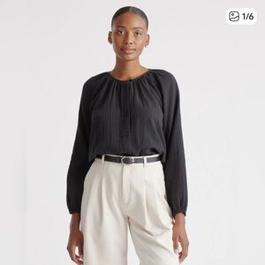 Quince 100% Organic Cotton Gauze Peasant Blouse Black XS
